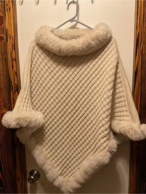 Cream Faux-Fur Trim Knit Poncho Sweater